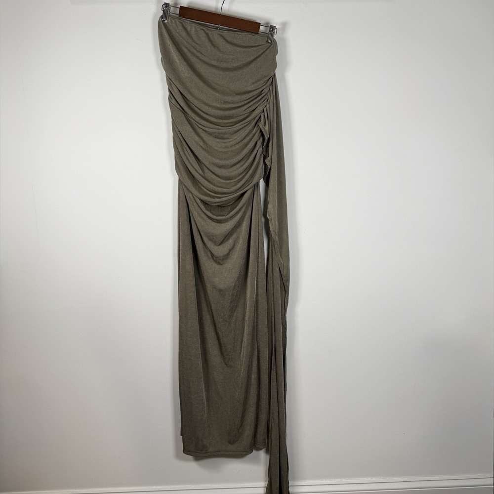 SHEIN Women's Strapless Olive Green Stretchy Maxi Dress Cocktail Slit Size Large